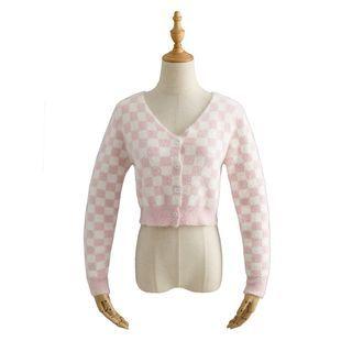 Checkerboard Cropped V-neck Cardigan