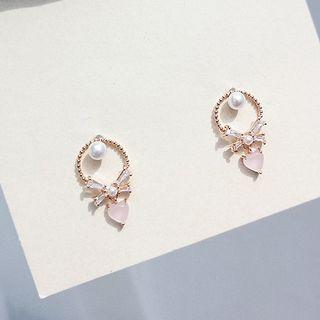 925 Sterling Silver Faux Pearl Rhinestone Heart Dangle Earring As Shown In Figure - One Size