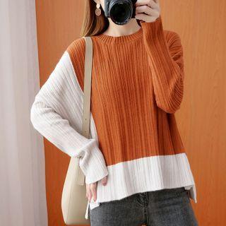 Long-sleeve Two-tone Knit Top Light Brown - One Size