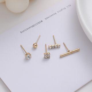 Set Of 5: Rhinestone / Alloy Stud Earring (assorted Designs) Set Of 5 - 925 Silver Needle Earring - Silver Rhinestone & Gold - One Size