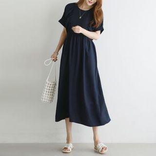 Cuff-sleeve Shirred Long Dress