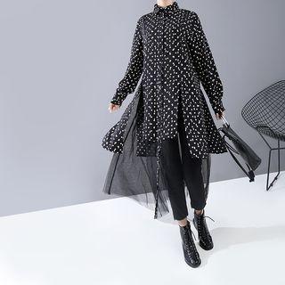 Long-sleeve Midi Dotted Shirtdress Black - One Size
