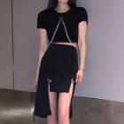 Short-sleeve Chained Crop Top / High Low Pencil Skirt / Set