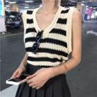 Striped Pointelle Knit Tank Top Stripes - Black & Beige - One Size