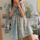 Short-sleeve Print A-line Dress Blue - One Size