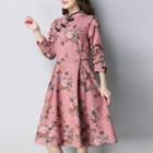 Long-sleeve Floral Print A-line Qipao Midi Dress