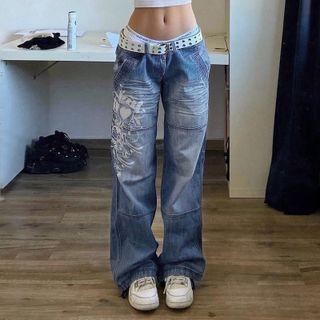 Print Wide Leg Washed Jeans