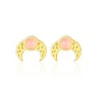 Sterling Silver Plated Gold Simple Fashion Pattern Moon Stud Earrings With Pink Opal Golden - One Size