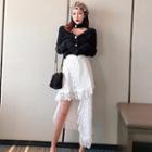 V-neck Cardigan / Asymmetric Hem Midi Lace Skirt