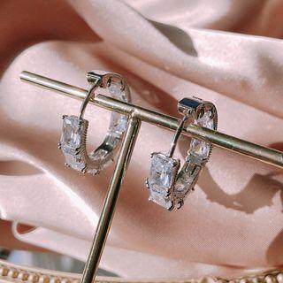 Rhinestone Hoop Earring 1 Pair - Silver & White - One Size