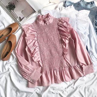 Plain Ruffle Stand-collar Long-sleeve Blouse