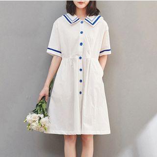 Short-sleeve Striped Trim Shirt Dress