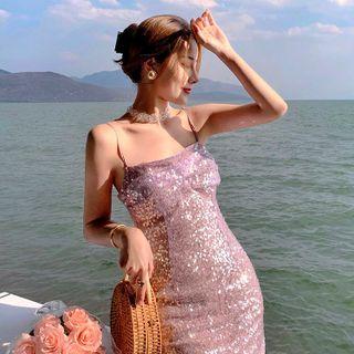 Spaghetti-strap Sequined Midi Sheath Dress