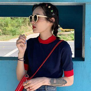 Short-sleeve Ringer Knit Top Red & Blue - One Size