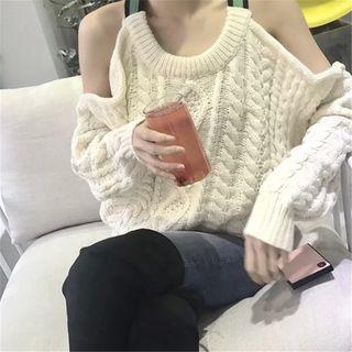 Cold-shoulder Open Back Cable Knit Sweater White - One Size