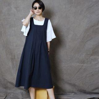 Square-neck Sleeveless Linen Blend Dress Navy Blue - One Size