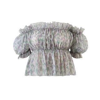 Puff-sleeve Off-shoulder Ruffle-trim Blouse White - One Size
