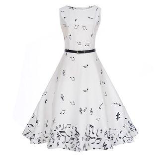Musical Note Print Sleeveless A-line Dress With Belt