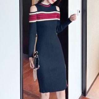 Long-sleeve Cold-shoulder Striped Knit Sheath Dress