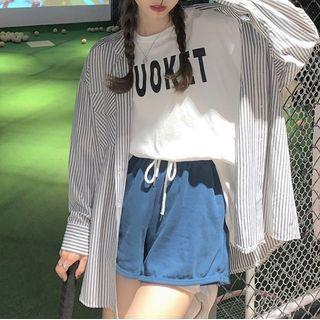 Lettering T-shirt / Striped Shirt / Wide-leg Shorts