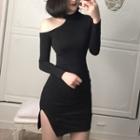 Cut Out Shoulder Long Sleeve Side Slit Dress