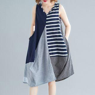 V-neck Striped Panel Tank Dress