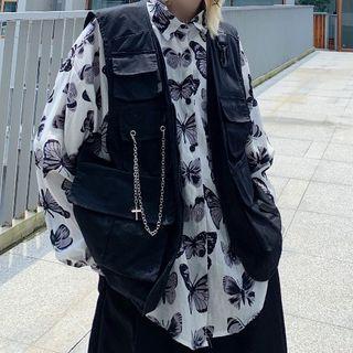 Long Sleeve Butterfly Print Shirt / Cargo Vest / Chain Strap