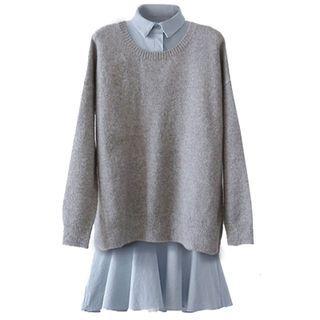 Long-sleeve Plain Mini A-line Shirt Dress / Sweater