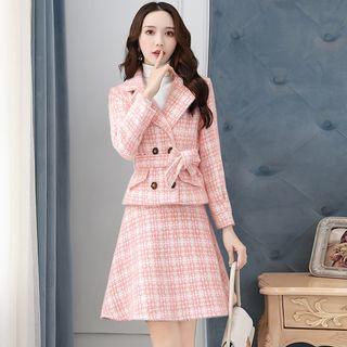 Set: Plaid Double-breasted Coat + A-line Skirt