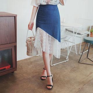 Asymmetric-hem Lace-trim Denim Skirt