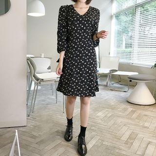 Bishop-sleeve Patterned Midi Dress Black - One Size