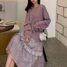 Frog-buttoned Sweatshirt / Floral Mesh Overlay Midi A-line Skirt