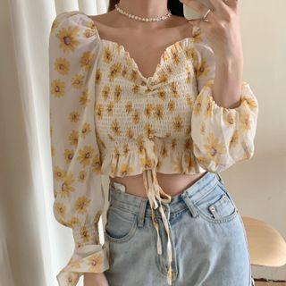 Flower Print Drawstring Blouse Sunflower - White - One Size