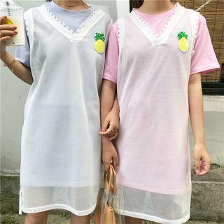 Set: Pineapple Sequined Tank Dress + Plain Short Sleeve T-shirt Dress