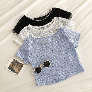 Plain Crewneck Perforated Short-sleeve Knit Top