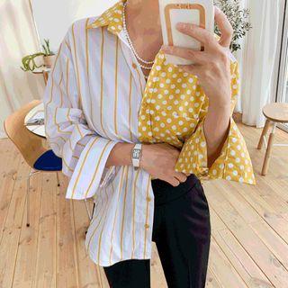 Pocket-front Dotted & Striped-panel Shirt