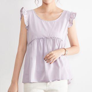 Sleeveless Ruffled Trim Plain Blouse Purple - One Size