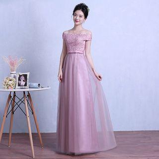 Embroidered Lace Panel Off-shoulder Evening Gown