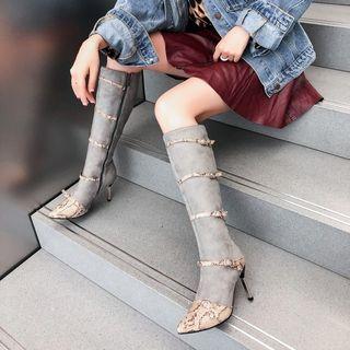 Kitten-heel Snake-print Paneled Tall Boots