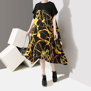 Short-sleeve Print Panel A-line Midi Dress Yellow - One Size