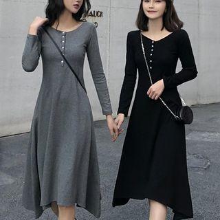 Plain Asymmetric Slim-fit Long-sleeve Dress