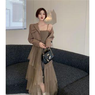 Cropped Blazer / Mesh Spaghetti-strap Dress