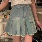 High-waist Frayed Accordion Pleat Denim Skirt