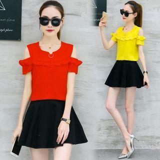 Set: Cut Out Shoulder Short Sleeve Chiffon Top + A-line Skirt