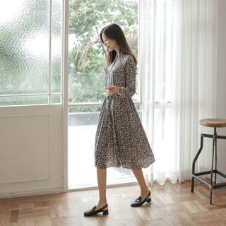 Pleated Chiffon Floral Shirtdress With Sash