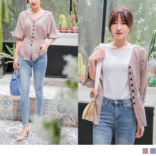 Puff Sleeve V-neck Tie-waist Button Top
