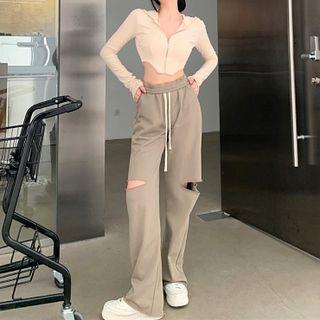 Long-sleeve Zip-up Top / Cut-out Wide-leg Pants