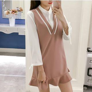 Set: Tie-cuff Shirt + Sleeveless V-neck Mini Shift Dress