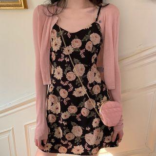 Spaghetti Strap Floral Chiffon A-line Mini Dress / Cropped Cardigan