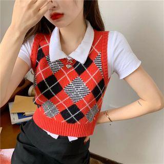 Argyle Slim-fit Cropped Knit Vest